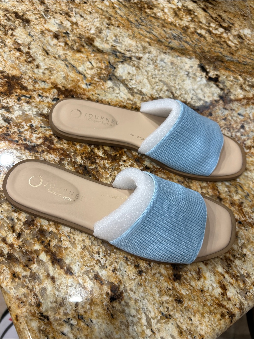 Journee Light Blue Ribbed Slide Sandals with Cushioned Footbed